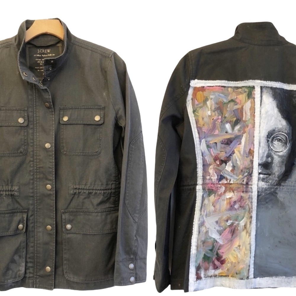 J. CREW Custom Hand Painted Boyfriend Field Jacket Size Small in Olive Green - Picture 3 of 12